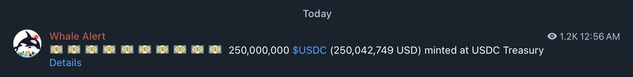 A Whale Alert notification from 12:56 AM (viewed 1.2K times) reports that 250,000,000 USDC ($250,042,749 USD) was minted at the USDC Treasury, corroborating the post's claim of a $250M USDC issuance on Solana.