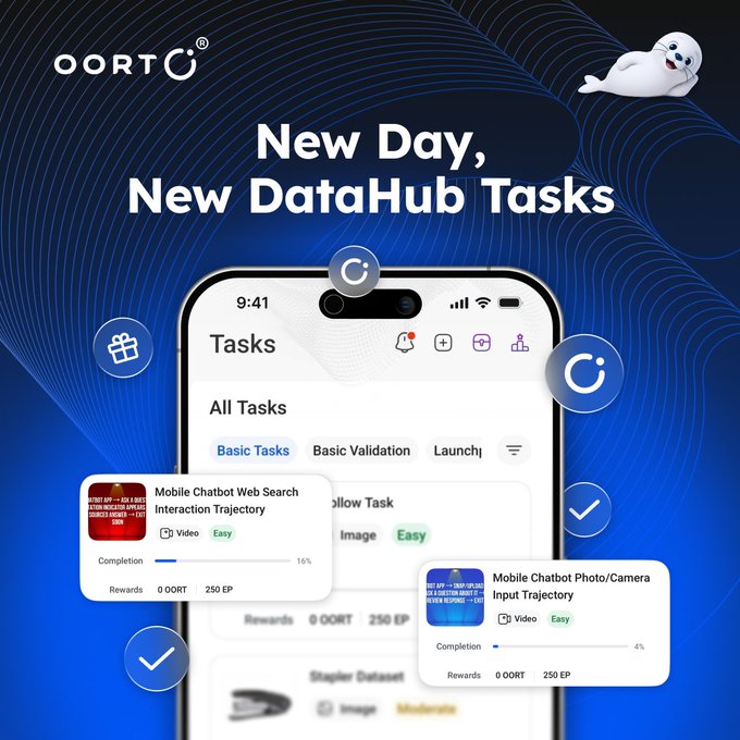 The image is a promotional graphic for "OORT" announcing "New Day, New DataHub Tasks," featuring a smartphone displaying the OORT Tasks app interface with various data collection tasks like "Mobile Chatbot Web Search Interaction Trajectory" and "Mobile Chatbot Photo/Camera Input Trajectory," each offering rewards of 250 EP. The graphic visually reinforces the post's message by showcasing the mobile-based AI data collection tasks, including chatbot image recognition and conversational trend/news tasks that users can participate in by screen-recording themselves.