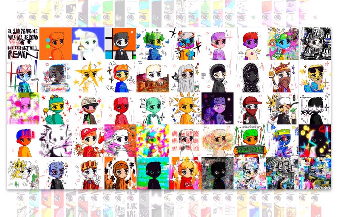 A collection of colorful, cartoonish character illustrations arranged in a grid, featuring various designs and one piece with the text "DAZ YENG WE WILL FALL REMAKE BUT THIS ART WILL".
