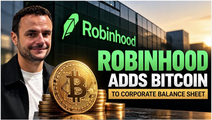A promotional graphic features a smiling man next to a gold Bitcoin and stacks of coins, alongside the Robinhood logo and bold text reading "ROBINHOOD ADDS BITCOIN TO CORPORATE BALANCE SHEET".