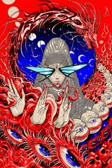 A psychedelic digital illustration featuring a white-haired figure wearing glowing blue sunglasses, surrounded by red tendrils and multiple reaching hands against a cosmic background.