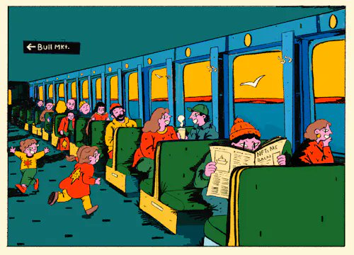 A colorful cartoon illustration of passengers inside a train car with yellow-tinted windows, featuring kids running in the aisle, people seated, and a sign pointing left to the 'Buffet'.