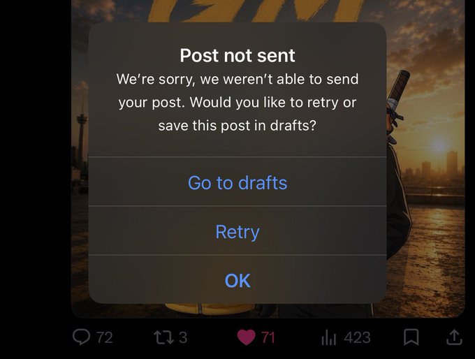 A mobile screen showing a 'Post not sent' error dialog with options 'Go to drafts', 'Retry', and 'OK', overlaid on a sunset cityscape with engagement metrics (72, 3, 71, 423) at the bottom.