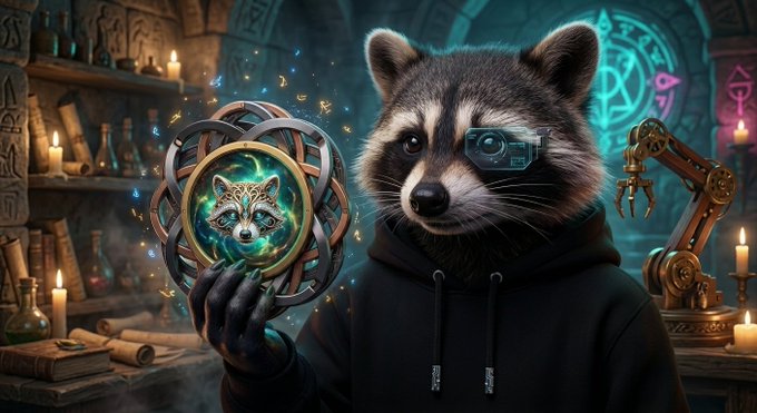 A raccoon in a hoodie wearing a futuristic eyepiece holds a glowing mystical medallion featuring a wolf's face, set against a magical workshop backdrop with candles, books, and arcane symbols. The image aligns with the post's airdrop theme by symbolizing treasure-seeking and digital rewards, evoking the excitement of claiming 150,000 $TPI tokens for early participants.