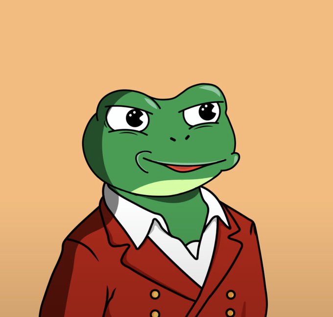 A cartoon image of Pepe the Frog, a green anthropomorphic frog wearing a red suit jacket and white collared shirt, smiling against a tan background.