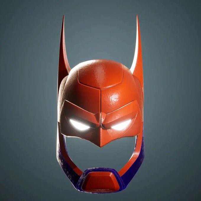 A 3D render of a red and blue superhero helmet with glowing white eyes and tall pointed ear fins, resembling a Batman-style cowl.
