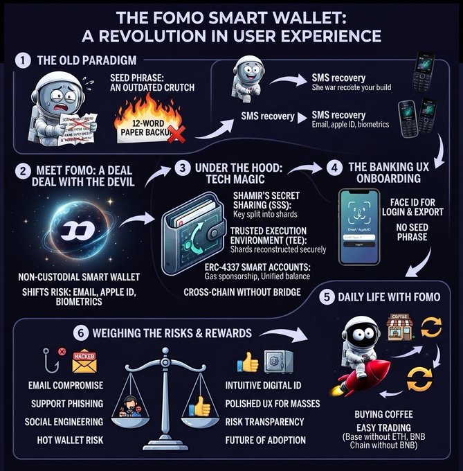 An infographic titled 'THE FOMO SMART WALLET: A REVOLUTION IN USER EXPERIENCE' explains a non-custodial wallet using Shamir's Secret Sharing (SSS) and Trusted Execution Environment (TEE) technology, replacing seed phrases with email, Apple ID, and biometrics.