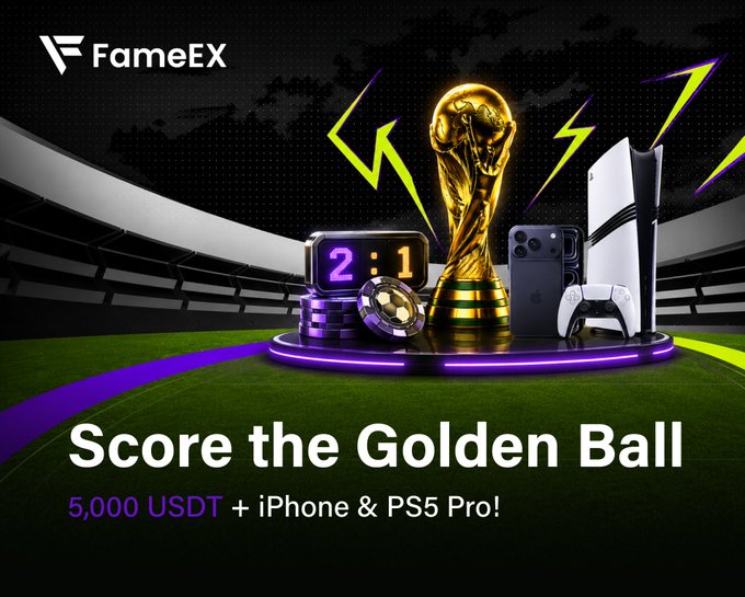 A FameEX promotional image featuring a golden World Cup trophy alongside an iPhone, PS5 Pro, a smartwatch, casino chips, and a "2:1" scoreboard on a stadium field, with the bold headline "Score the Golden Ball" and prize details reading "5,000 USDT + iPhone & PS5 Pro!"—visually reinforcing the trading carnival's grand prizes.