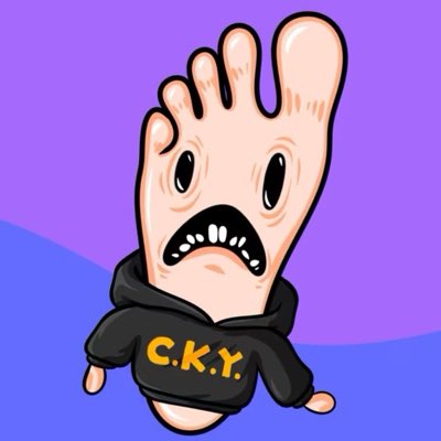 A cartoon illustration of a foot character with a face, wearing a black hoodie with 'C.K.Y.' written in yellow letters, set against a purple background.