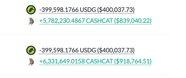 The image displays two transaction records showing a whale withdrawing -399,598.1766 USDG (~$400,037.73) from an exchange (Gate.io logo) and accumulating +5,782,230.4867 CASHCAT (~$839,040.22) in the first entry, followed by a second, larger purchase of +6,331,649.0158 CASHCAT (~$918,764.51) totaling roughly 12M CASHCAT tokens. These on-chain transactions visually support the post's claim that a whale made two significant accumulation buys of CASHCAT worth approximately $1.1M combined.