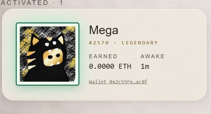 A digital NFT card interface showing 'Mega' #2570 as a LEGENDARY item, featuring a black and orange creature, with an earning of 0.0000 ETH and 1m awake time, linked to wallet 0x2c55Fe...ac8f.