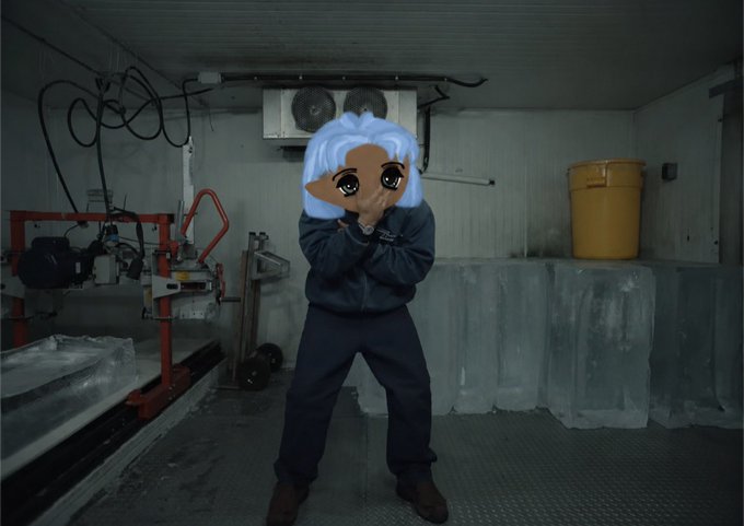 The image shows a person dressed as a character with blue hair, wearing a blue jacket and pants. They are standing in a room with ice sculptures surrounding them and other objects like buckets and hoses nearby. The image appears to be related to Bitcoin trading or cryptocurrency discussions due to its association with the market name "btc", which stands for Bitcoin Cash.
