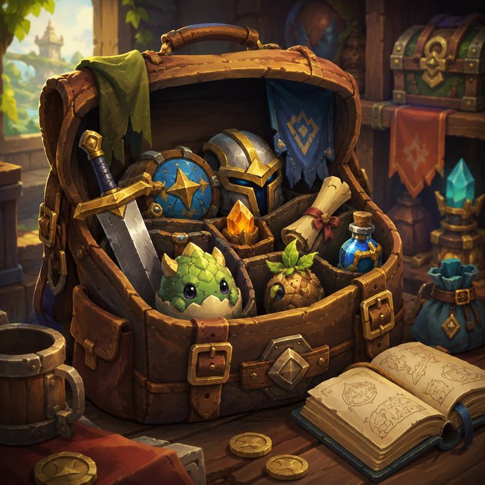 A fantasy-style illustration of an open brown leather satchel overflowing with adventuring gear, including a sword, shield, helmet, scroll, potion bottle, golden crystals, a small green dragon-like creature, coins, and an open book with sketches resting on a wooden surface.