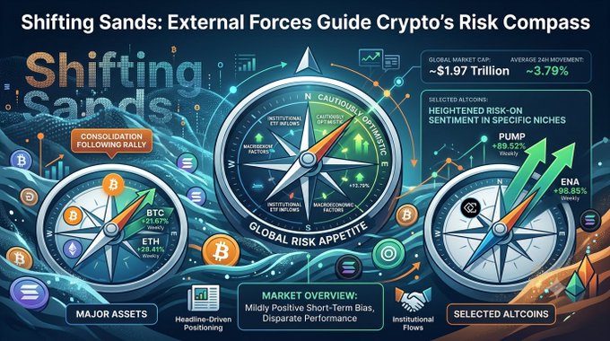 A crypto market infographic titled 'Shifting Sands: External Forces Guide Crypto's Risk Compass', featuring three compass graphics over a wave-themed background, highlighting data points like 'GLOBAL MARKET CAP ~$1.97 Trillion', 'AVERAGE 24H MOVEMENT ~3.79%', 'BTC +1.67%', 'ETH +28.41%', 'PUMP +39.37%', and 'ENA +98.85%'.