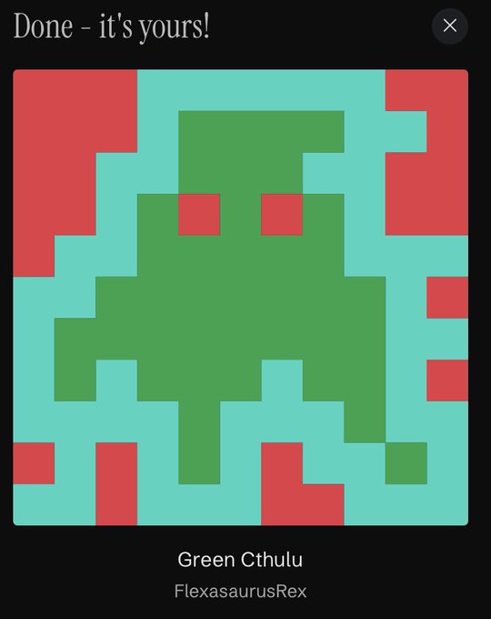 A completed pixel art piece titled "Green Cthulu" by FlexasaurusRex, displayed with the header "Done - it's yours!" showing a green creature design with red background squares.