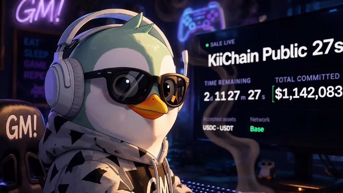 A cartoon penguin wearing sunglasses and headphones sits in a gaming chair with "GM!" displayed around, while a monitor shows "KiiChain Public Sale" with $1,142,083 total committed and 2d 11h 27m 27s remaining, celebrating the live $KII token sale on the Base network.