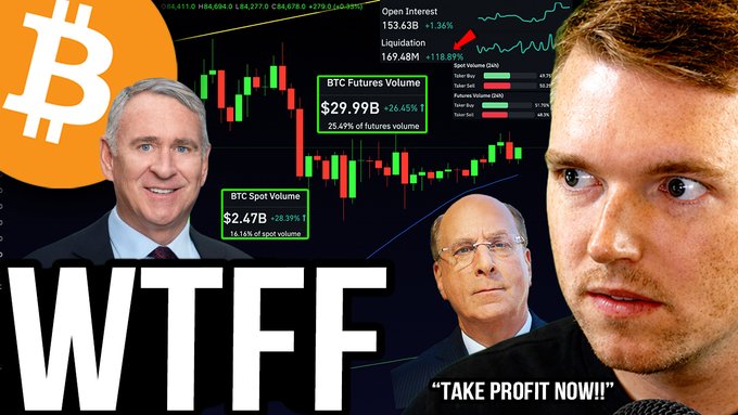 The image is a YouTube thumbnail featuring a shocked-looking man alongside two other figures (likely financial commentators), with "WTFF" and "TAKE PROFIT NOW!!" text overlaid on Bitcoin price charts showing $153.63B open interest (+1.36%), $169.68M liquidation, and BTC futures volume of $29.99B (+26.45%). The dramatic visuals and urgent messaging align with the post's warning about a potential "Black Monday" Bitcoin liquidation event at the US market open.