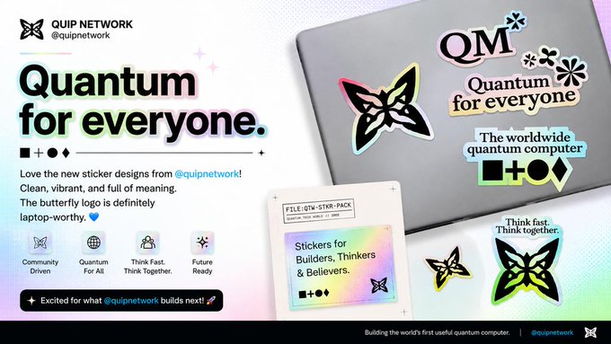 The image features a laptop with various stickers placed on its surface. One of these stickers has a butterfly design, which stands out prominently against the gray background. The text "@quipnetwork" can be seen in the image as well. The main focus is on the laptop and the stickers it holds, creating an interesting visual composition that highlights the connection between the stickers and the network they are associated with.