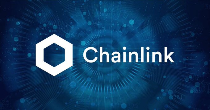 The Chainlink logo featuring a white hexagonal cube icon next to the word 'Chainlink' on a blue digital background with radiating light effects.