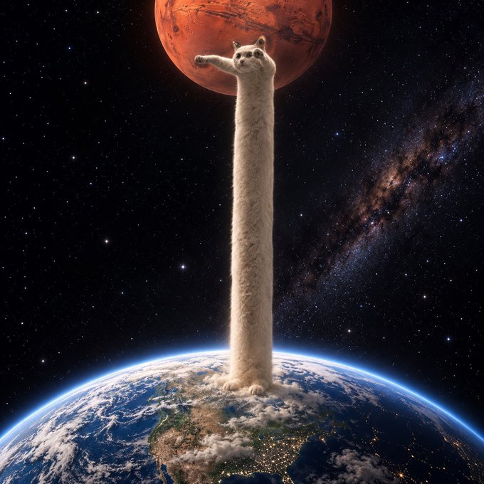 A surreal image depicts an impossibly elongated white cat with a slender, giraffe-like neck stretching from the surface of Earth up to a reddish planet (resembling Mars) in space, with the Milky Way visible in the starry background. The image relates to the post's caption "The cat that's long in more ways than one" through the cat's literally stretched-out body and seemingly endless reach across the cosmos.