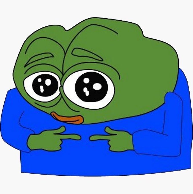 A cartoon illustration of a sad green frog character in a blue shirt, with large teary eyes and both index fingers pointing inward.