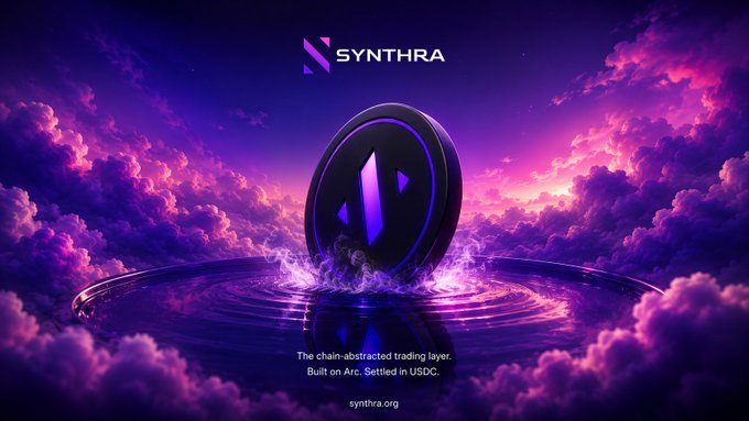 The image features a large purple coin floating in space surrounded by clouds against a dark blue sky backdrop. The main focus of the image is on a text box above the coin, which reads "Syntra". Below this, there are two smaller descriptions: one states that "the chain abstracted trading layers" and another says "solved for us", possibly referring to Synthra's trading platform or cryptocurrency exchange service.