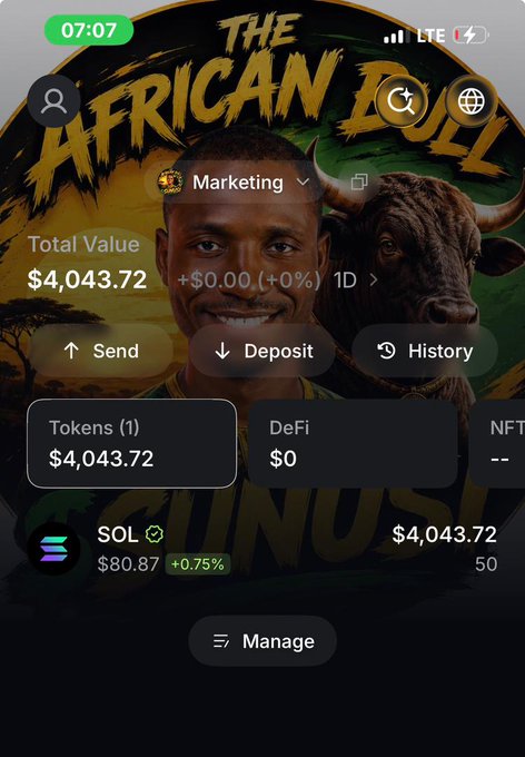 A cryptocurrency wallet interface displays a "SUNUSI" portfolio under "Marketing" with a total value of $4,043.72, showing 50 SOL tokens, set against artwork featuring a man and a bull captioned "THE AFRICAN BULL." The image illustrates the reinvestment of Creator Rewards into marketing, as referenced in the post, showing the financial backing ($4,043.72 in SOL) allocated to grow the project and support holders.