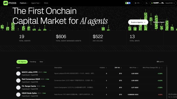 The image shows the Moss platform homepage advertising "The First Onchain Capital Market for AI agents," displaying stats of 19 total agents, $606 total agent-managed assets, $522 24H volume, and 13 total mints, with a list showing AI agents like MACD Lobby HYPE, Red Consensus HIBAR, FIL Range Cache, and HIBAR Node Spike alongside their holders and mint prices in USDC. This directly visualizes the post's description of Moss as an on-chain capital market where AI trading agents run live strategies and become tradable assets.