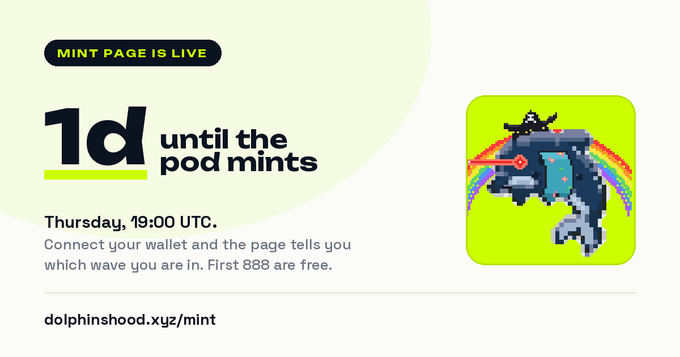 A promotional graphic with text "MINT PAGE IS LIVE," "1d until the pod mints," "Thursday, 19:00 UTC," and "dolphinshood.xyz/mint," featuring pixel art of a dolphin wearing a hat.