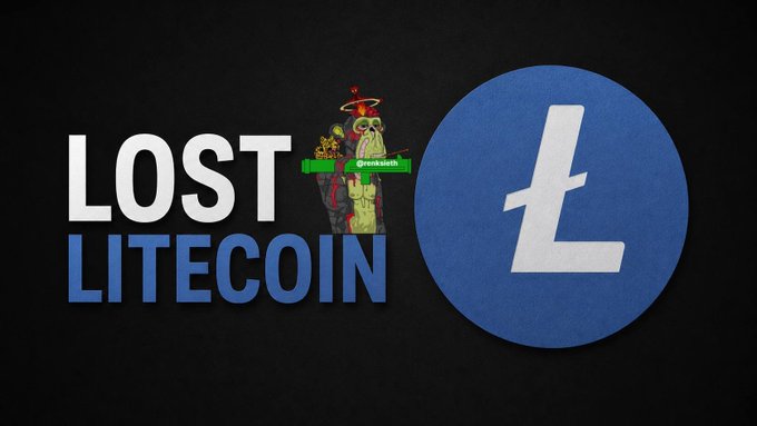 Graphic reading "LOST LITECOIN" with a small image of a dog and the Litecoin (Ł) logo on a black background.