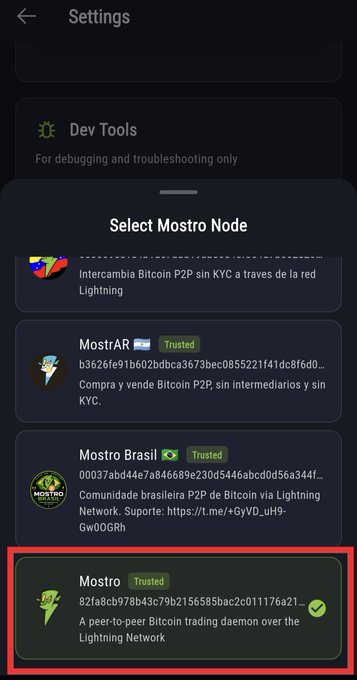 A mobile app settings screen titled 'Select Mostro Node' displays a list of cryptocurrency trading options, with 'Mostro' highlighted by a red box and marked as Trusted.