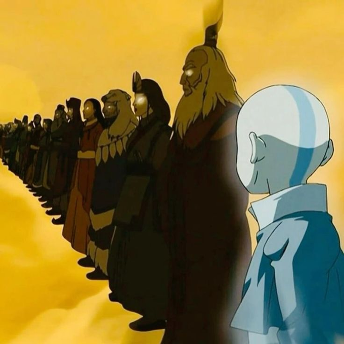 A young boy with a blue arrow on his head stares up at a long line of imposing ancestors bathed in golden light, as the legendary bloodline silently witnesses his financial betrayal. The solemn, judgmental expressions of the past Avatars mirror the collective disappointment of crypto holders watching the post's author sell at $12.
