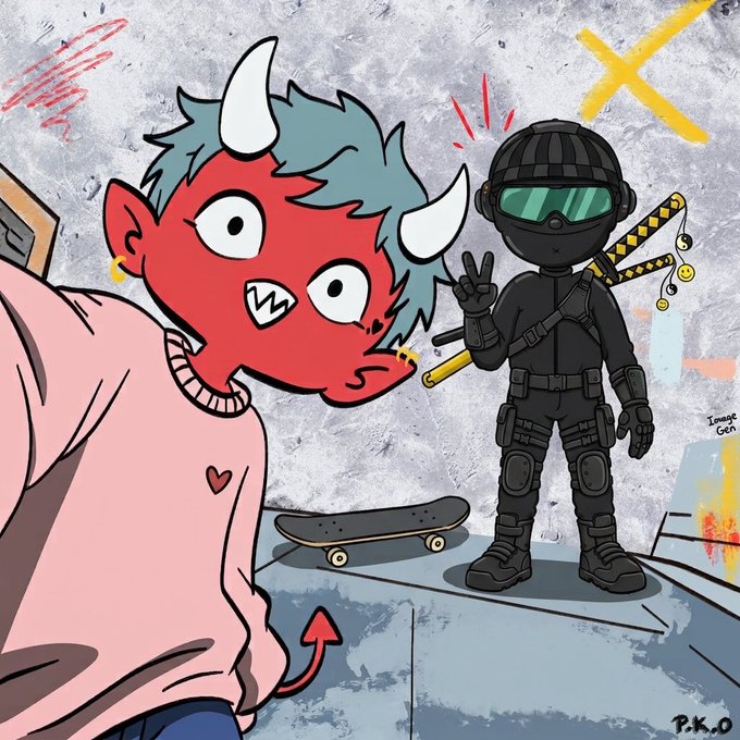 Cartoon illustration depicting a red-skinned demon character with horns reacting to a black-clad tactical figure with goggles, sunglasses, and a katana, with a skateboard visible on the ground.