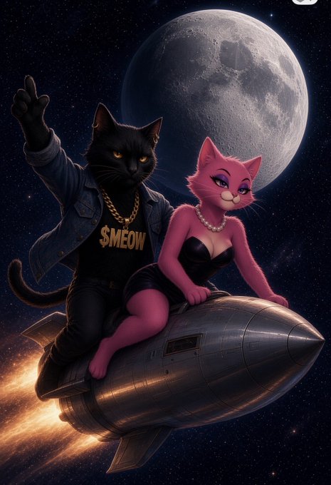 A digital illustration depicts an anthropomorphic black cat wearing a denim jacket and '$MEOW' gold chain sitting on a rocket with an anthropomorphic pink cat in a black dress, set against a starry space background with a large moon.