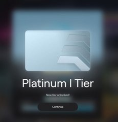 User interface element showing a 'Platinum I Tier' badge with the message 'New tier unlocked!' and a 'Continue' button.