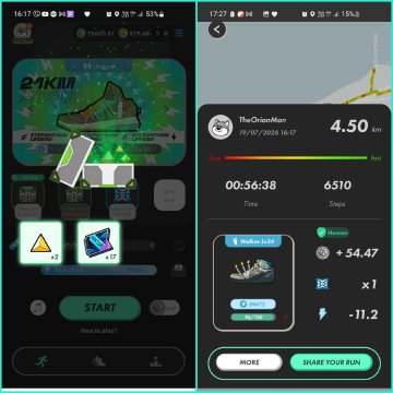 Two mobile screenshots from a fitness/step app: one showing a 24K-step challenge screen with a green sneaker and "START" button, and another showing a 4.50 km run completed by "TheOrionMan" with Nike shoes.