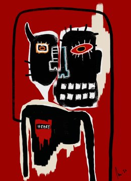 A red and black abstract painting depicts a stylized split face with one yellow eye and one red eye, alongside a figure labeled 'DEATH'.