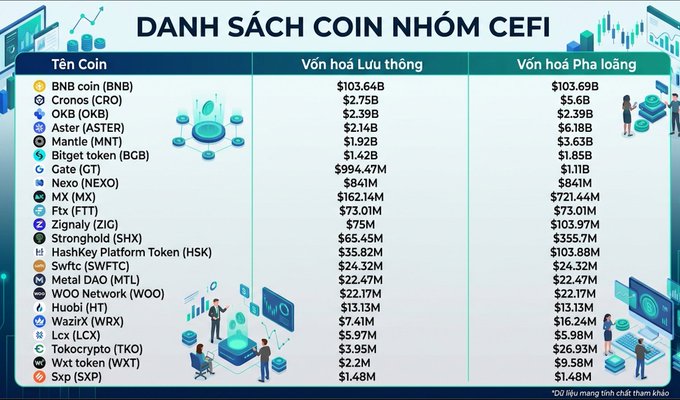 A Vietnamese-language infographic titled 'DANH SÁCH COIN NHÓM CEFI' listing various CeFi cryptocurrencies with their circulating and diluted market caps, including BNB, CRO, OKB, ASTER, MNT, BCB, GT, NEXO, MX, FTT, ZIG, SHX, HSK, SWFTC, MTL, WOO, HT, WRX, LCX, TKO, WXT, and SXP.