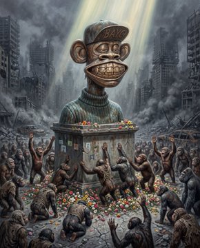 An artistic illustration depicts a monkey-headed figure wearing a cap atop a pedestal surrounded by smaller monkey-like creatures worshipping it amidst flowers in a ruined city.