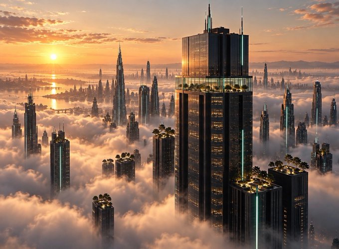 A futuristic cityscape with tall skyscrapers rising above a sea of clouds, illuminated by a golden sunset.