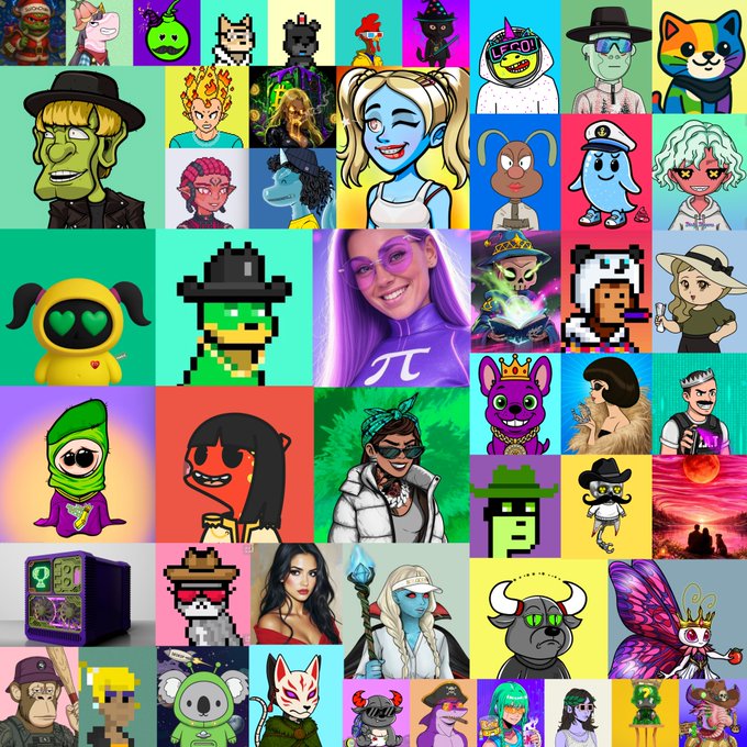 A collage of various NFT profile picture (PFP) character designs featuring diverse cartoon, pixel-art, and illustrated figures including cats, robots, fantasy characters, and the Pi Network logo.