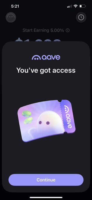 A smartphone screenshot showing an "AAVE" app prompt with the message "You've got access" and a stylized card graphic, with "Continue" button below.