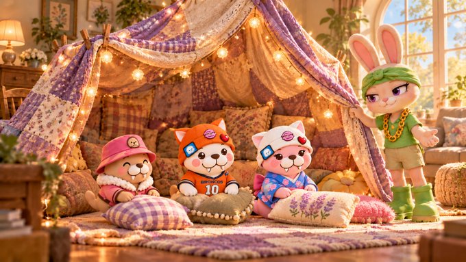 Four cute cartoon animal characters sit inside a cozy blanket fort decorated with string lights in a warm, sunlit living room.