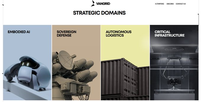The VanGrid website displaying 'Strategic Domains' with four categories: Embodied AI, Sovereign Defense, Autonomous Logistics, and Critical Infrastructure, each with representative imagery.