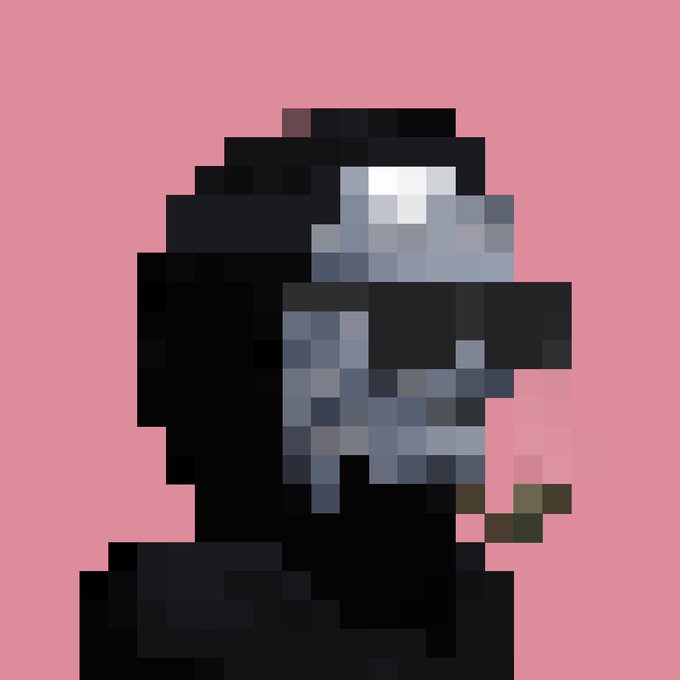 A pixel art portrait of a figure wearing a dark hood and a gray mask against a solid pink background.