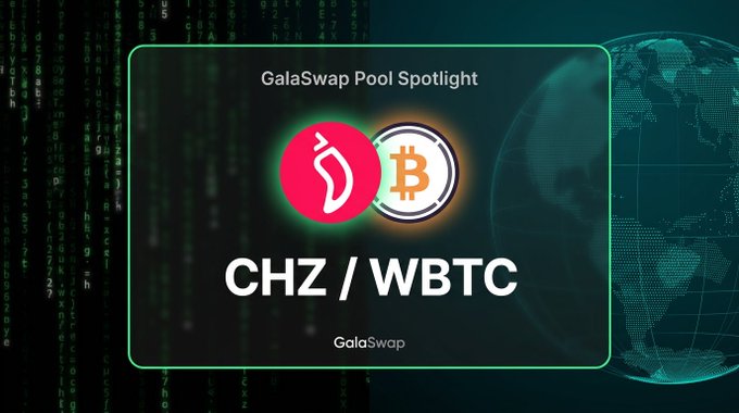 A dark-themed digital graphic titled "GalaSwap Pool Spotlight" displays the trading pair "CHZ / WBTC" prominently in the center, flanked by the pink SEGA-style flame logo representing CHZ and the Bitcoin logo. The design features a glowing teal border, falling green code in the background, and a wireframe globe on the right, visually reinforcing the GalaSwap cryptocurrency pool spotlight feature for the CHZ/WBTC pair.
