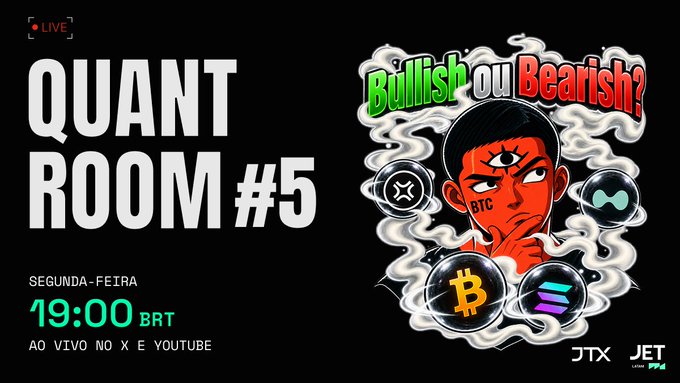 Promotional graphic for 'Quant Room #5' livestream on Monday at 19:00 BRT on X and YouTube, featuring 'Bullish or Bearish?' artwork with crypto symbols including BTC.