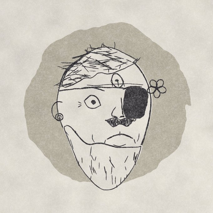 A rough, hand-drawn sketch of a man's face with a beard, an eye patch, and a small flower tucked behind his ear.