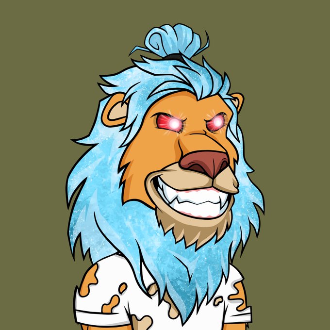 A cartoon-style NFT illustration of a lion with a blue, sparkly mane, glowing red eyes, and a white shirt against an olive green background.