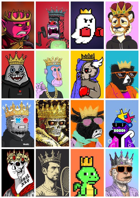 A 4x4 grid of sixteen cartoon characters styled as NFT avatars, each wearing a golden crown on various colored backgrounds.